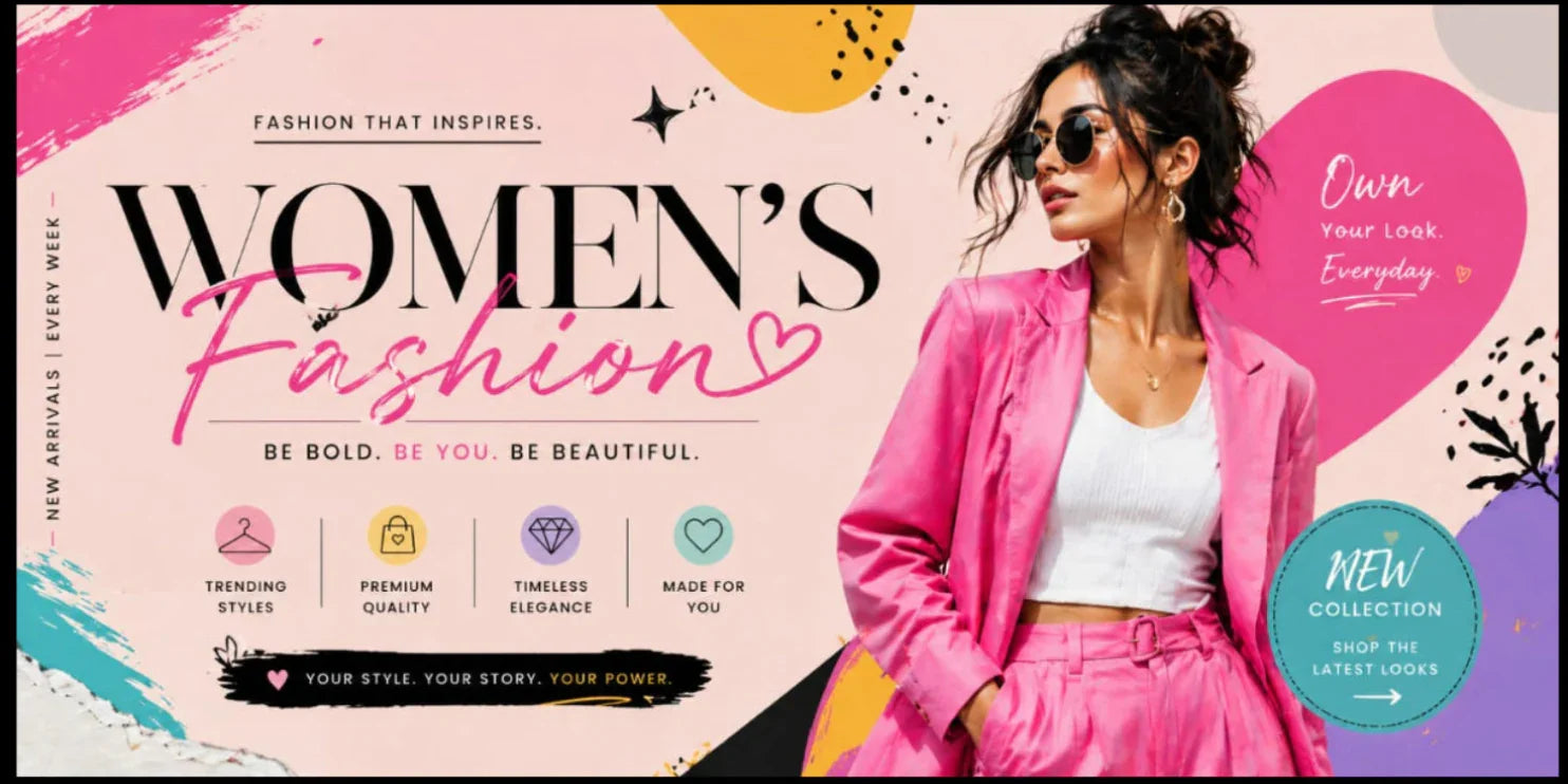 Women's fashion ad featuring bold pink blazer outfit, trending styles and new collection launch