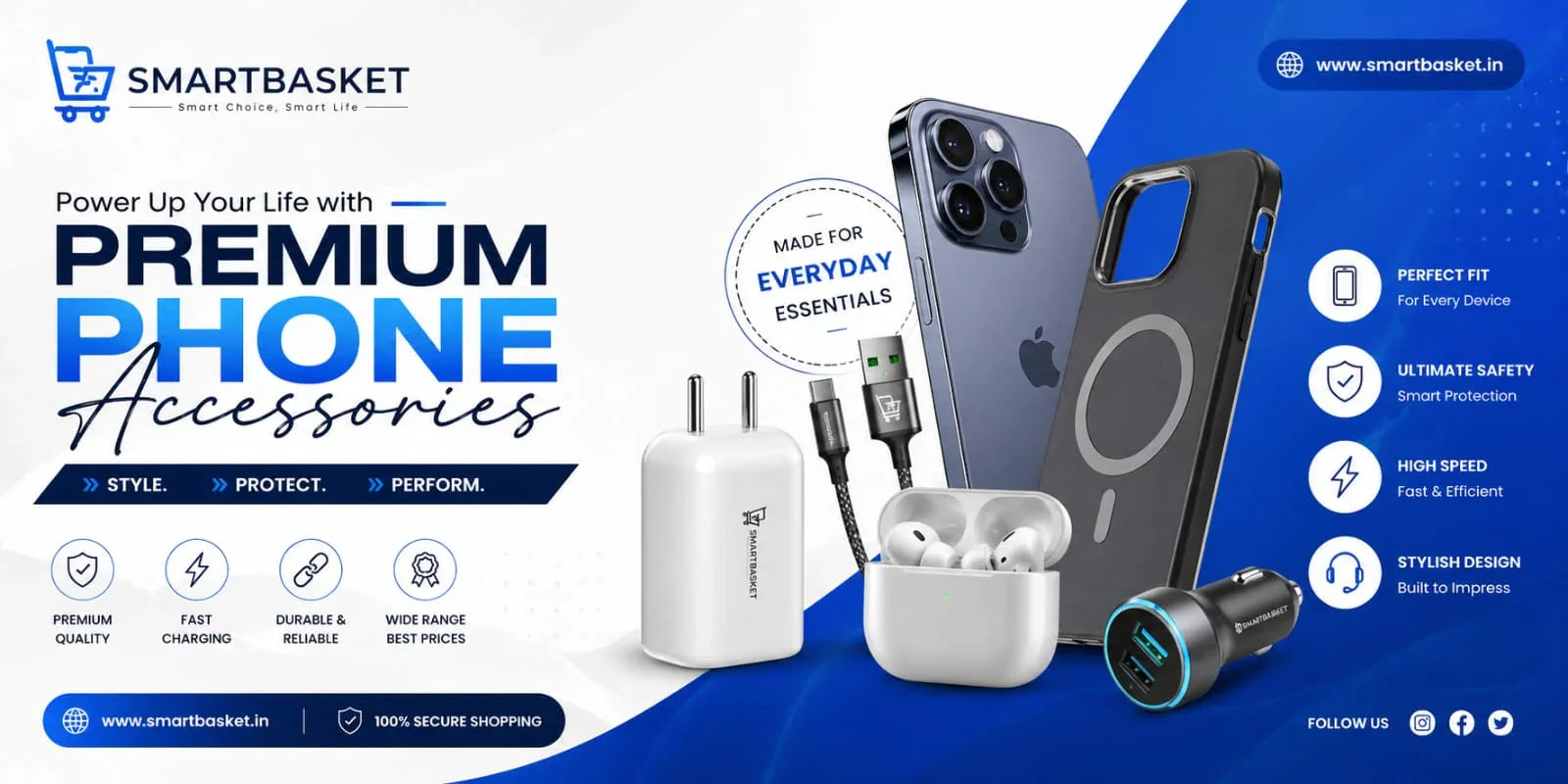 Premium phone accessories including wireless charger, earbuds, and car adapter for everyday use