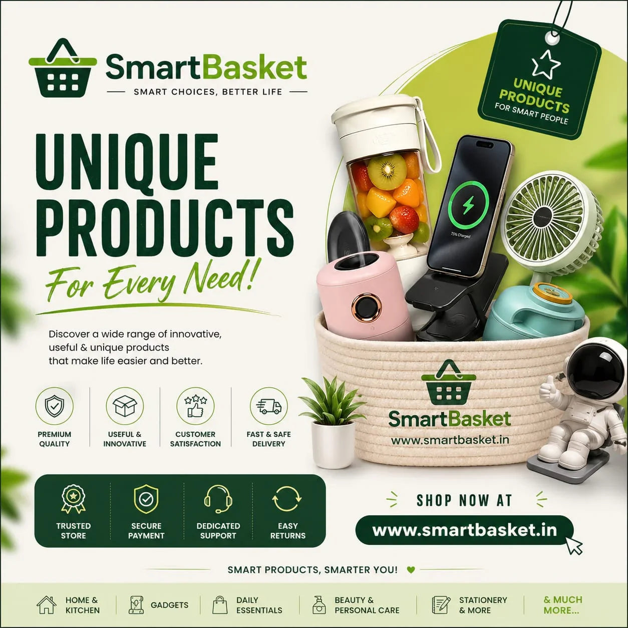 SmartBasket unique products for every need: portable blender, phone charger, mini fan, and more essentials