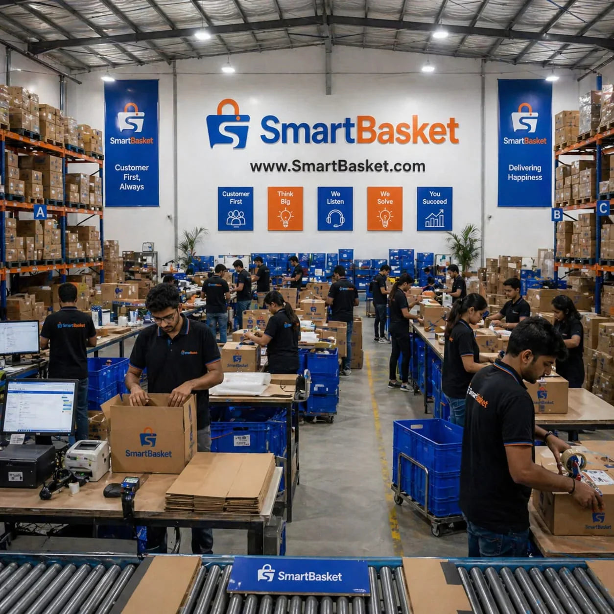 SmartBasket warehouse team packing orders with branded boxes and logistics setup