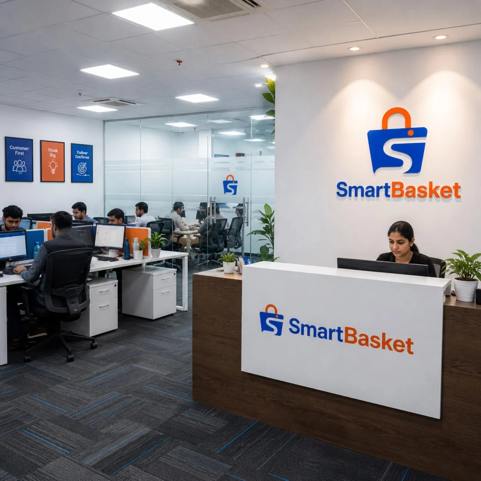 SmartBasket office interior with reception desk, employees at workstations, and branded logo on wall