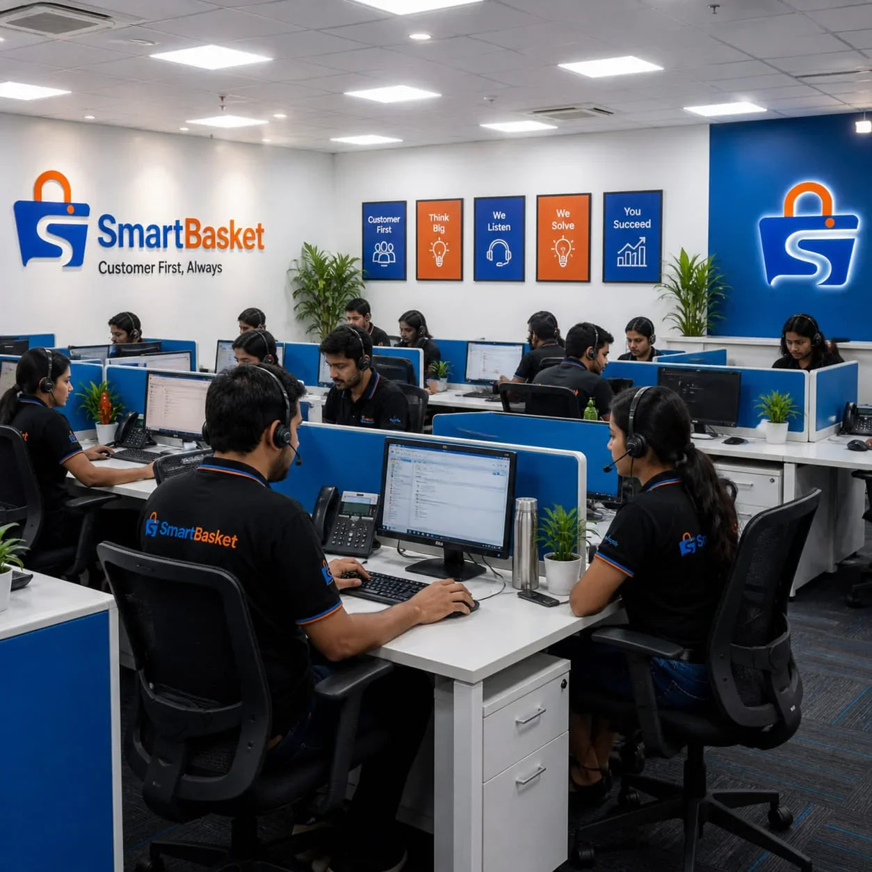 SmartBasket customer support team working in a modern call center with headsets and computers