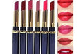 Luxury matte lipsticks in rich shades with gold accents, shown with swatches on lips for bold color payoff.