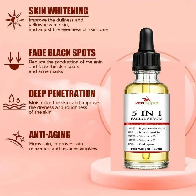 5 in 1 facial serum with hyaluronic acid, vitamin C, niacinamide for skin whitening, anti-aging, fade black spots