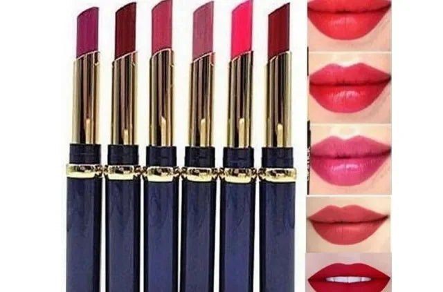 Luxury matte lipsticks in deep reds and pinks with gold caps, shown with lip swatches for color preview.