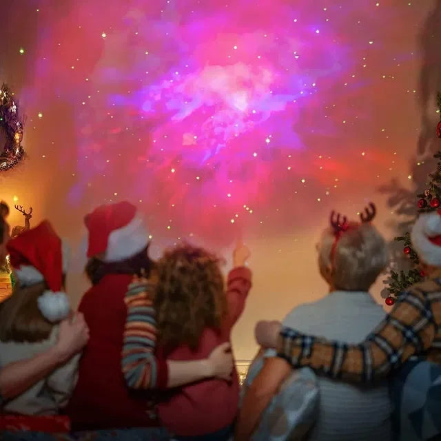 Family admiring vibrant pink and purple galaxy projector stars in cozy holiday setting