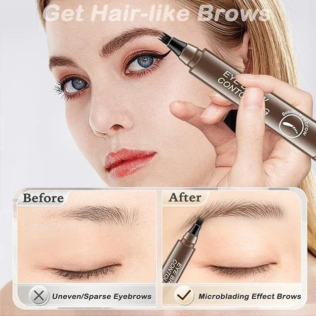 Eyebrow microblading pen creating hair-like brows, before and after transformation for sparse eyebrows