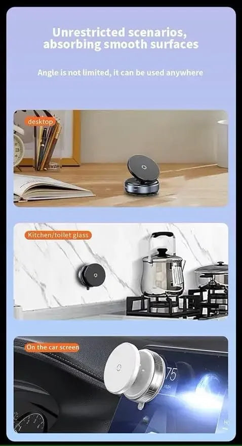 Versatile magnetic mount for desktop, kitchen glass, and car screen use, adaptable to smooth surfaces.