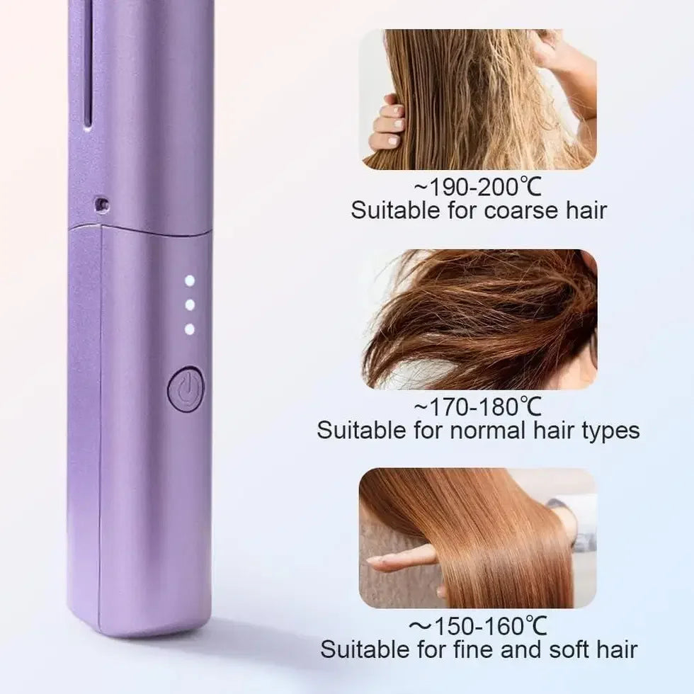 Purple portable hair straightener with 3 heat settings for coarse, normal, and fine hair types