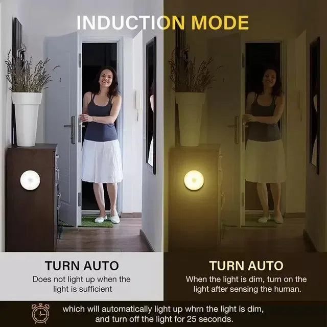 Smart motion-sensing night light with induction mode, auto on/off in dim light, 25-second timer