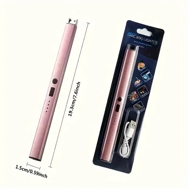 Pink arc BBQ lighter with USB charging, 19.3cm long, shown with packaging and dimensions