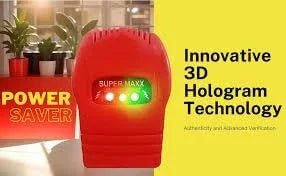 Red Super Maxx device with glowing lights, featuring 3D hologram tech and power saver label