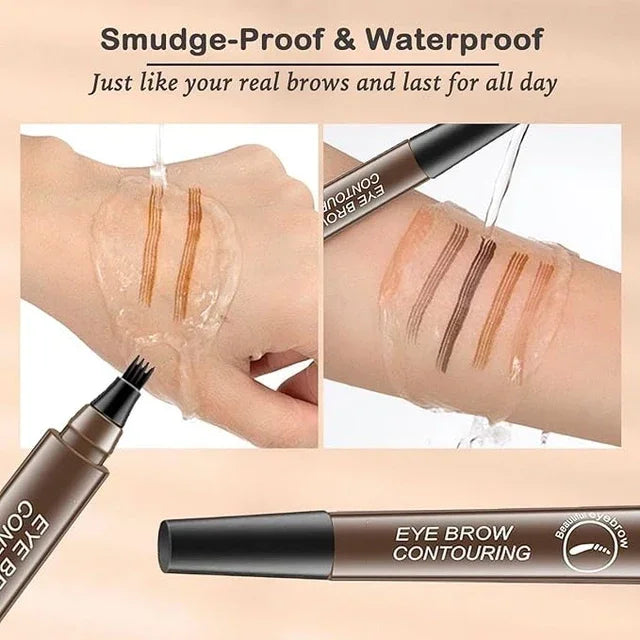 Smudge-proof waterproof eyebrow contouring pen with long-lasting formula, shown on skin with water test
