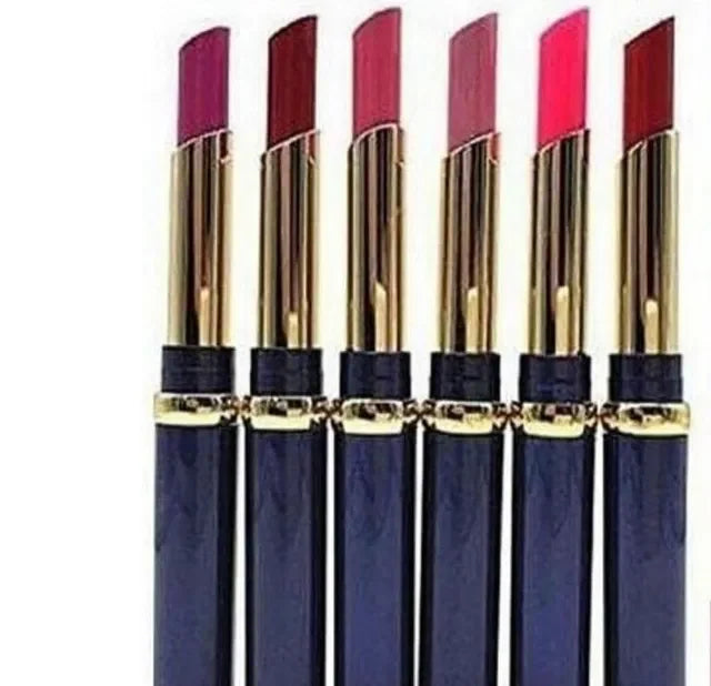 Six luxury matte lipsticks in deep reds and pinks with gold accents, perfect for bold makeup looks.