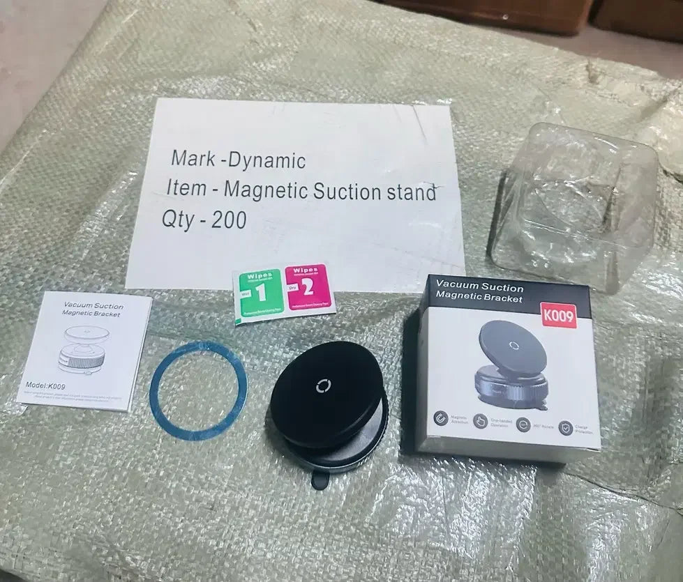 Magnetic suction stand K009 with vacuum bracket, packaging, and cleaning wipes on display