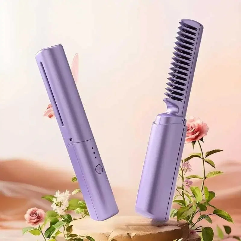 Portable purple hair straightener comb with floral background, sleek design for easy styling
