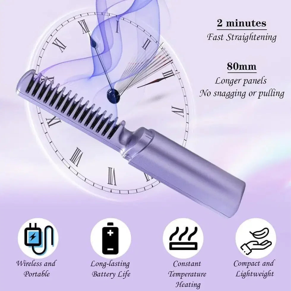 Wireless hair straightener comb with 80mm panels, fast 2-minute styling, portable & long battery life