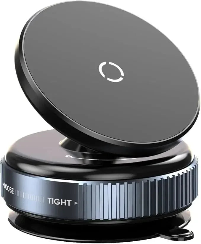 Adjustable car phone mount with wireless charging, loose to tight grip, sleek black design