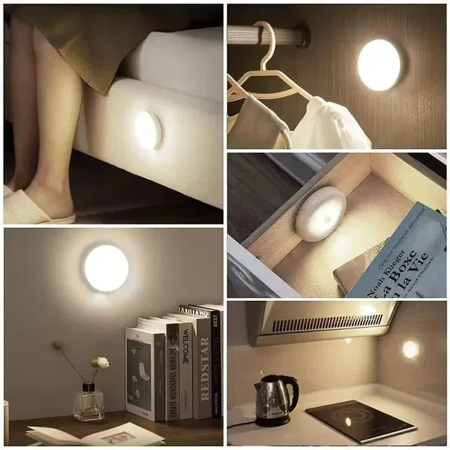 Compact motion-sensor LED night light for closets, drawers, kitchens, and bedrooms