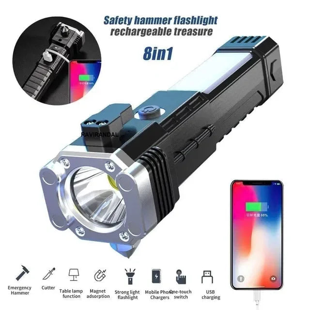 8-in-1 safety hammer flashlight with USB charging, emergency tools, and strong LED light for car or home use