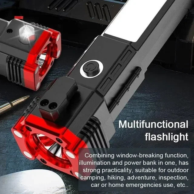 Multifunctional flashlight with red grip, window breaker, and power bank for camping, hiking, emergencies