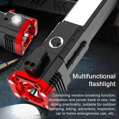 Multifunctional flashlight with red grip, window breaker, and power bank for camping, hiking, emergencies