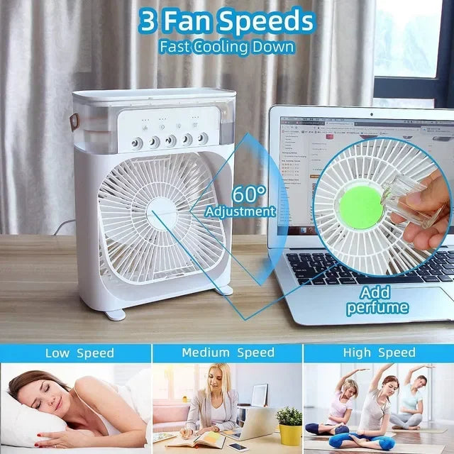 Compact desk fan with 3 speed settings, 60° adjustable head, and perfume tray for cooling and fragrance