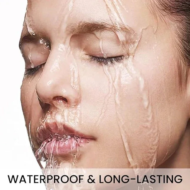 Waterproof long-lasting makeup on woman’s face with water streaming down, showcasing durability