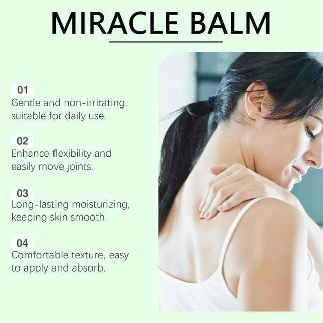 Miracle Balm for gentle, non-irritating daily use; moisturizes skin, enhances flexibility, easy to apply