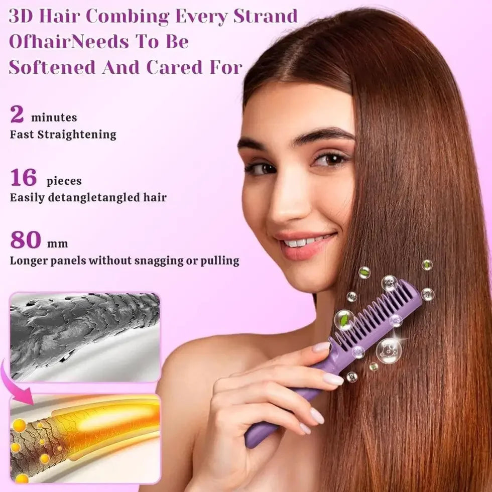 Woman using purple 3D hair comb for detangling and smoothing long straight hair, 80mm panels, 16 pieces