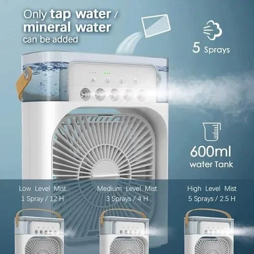 Portable air cooler with 600ml water tank, mist spray settings, and fan for home or office cooling
