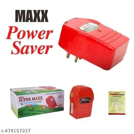 MAXX Power Saver device with packaging and Turbo Gold booklet, red energy-saving plug-in unit