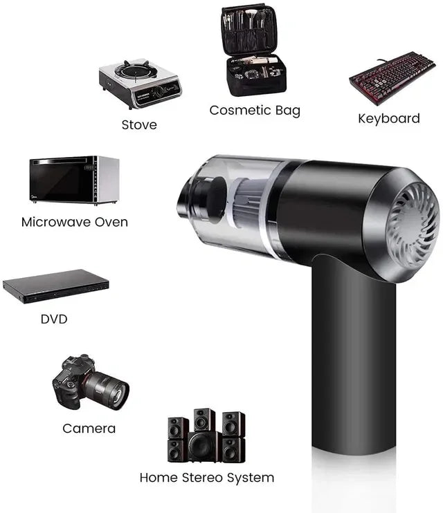 Black cordless handheld vacuum cleaner with transparent dustbin, surrounded by household items like stove, camera, and keyboard