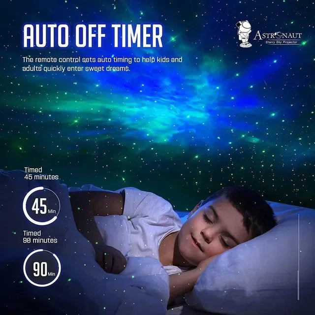 Child sleeping under starry sky projector with auto-off timer for sweet dreams