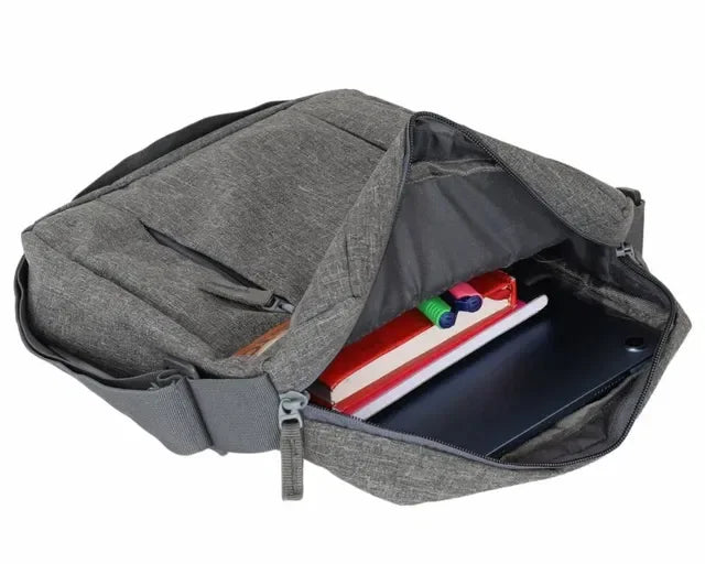 Gray messenger bag open with notebooks, pens, and tablet inside, ideal for school or work