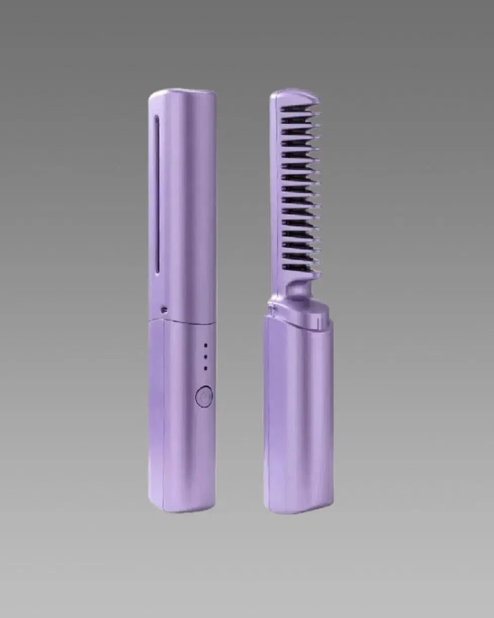 Purple portable hair straightener comb with foldable design and LED indicators