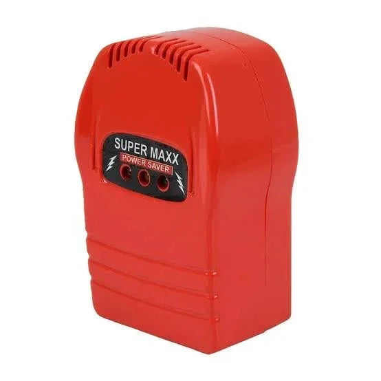 Red Super Maxx Power Saver device with three outlets and vented design for energy efficiency