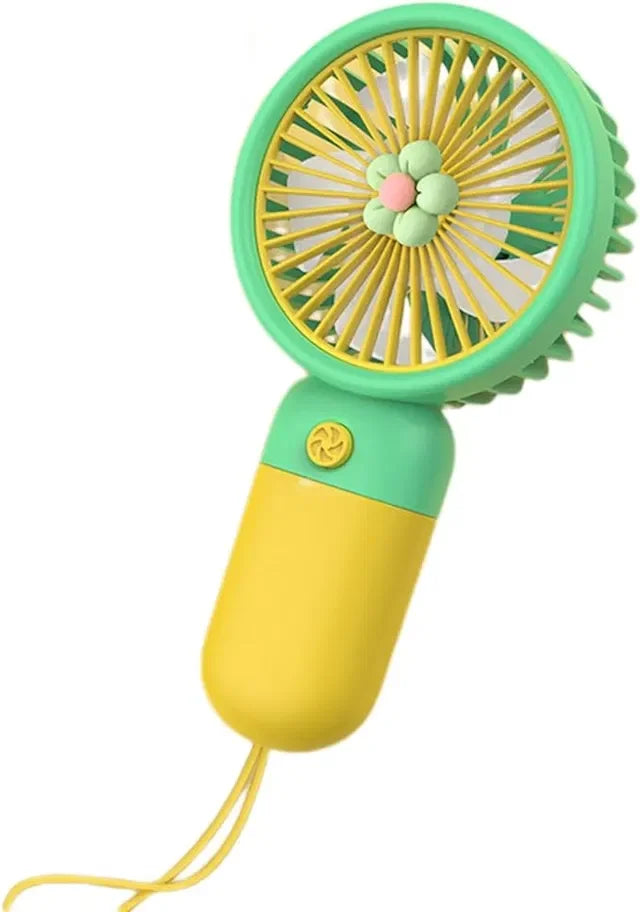 Portable handheld fan with floral design, mint green and yellow, USB rechargeable for personal cooling