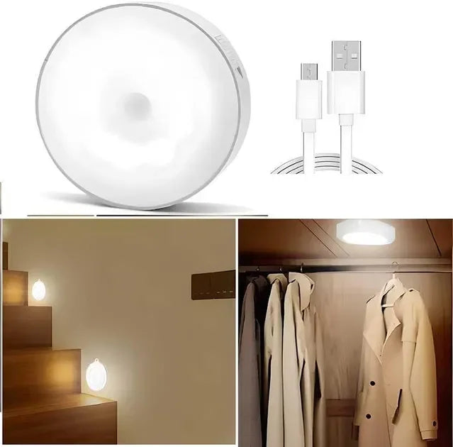 USB rechargeable motion sensor night light for stairs and closets, bright LED illumination