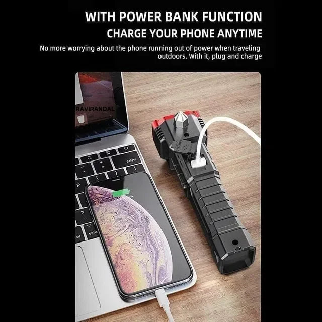 Portable power bank with USB charging cable, charging smartphone on laptop, ideal for outdoor travel