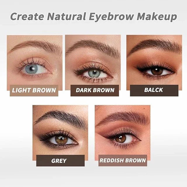 Natural eyebrow makeup in light brown, dark brown, black, grey, and reddish brown shades